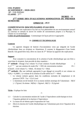 Première page de PCT 3e — 2e évaluation sommative, 1er semestre (2020-2021) · CEG PAHOU