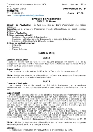 Première page de Philosophie 1ère C, 1ère D — Composition, 1er trimestre (2019-2020) · CPEG LICA