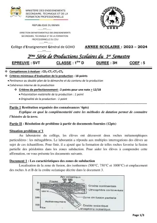 Première page de SVT 1ère D — 2e production scolaire, 1er semestre (2023-2024) · CEG GOHO