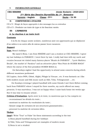 Première page de Anglais 5e — 1er devoir surveillé, 1er semestre (2020-2021) · CEG SEKERE