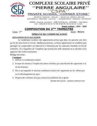 Première page de Français 4e — Composition, 3e trimestre (2019-2020) · CPEG PIERRE ANGULAIRE
