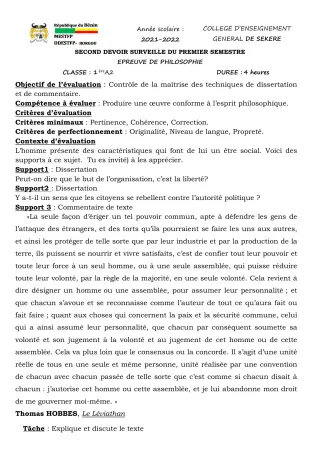 Première page de Philosophie 1ère A2 — 2e devoir surveillé, 1er semestre (2021-2022) · CEG SEKERE