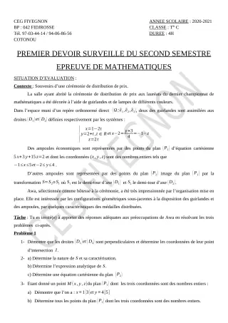 Première page de Mathématiques Tle C — 1er devoir surveillé, 2e semestre (2020-2021) · CEG FIYEGNON