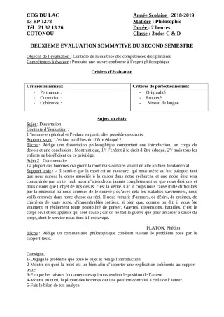 Première page de Philosophie 2nde C, 2nde D — 2e évaluation sommative, 2e semestre (2018-2019) · CEG du Lac