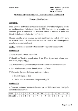 Première page de Mathématiques 2nde D — Devoir surveillé, 2e semestre (2019-2020) · CEG ZOGBO