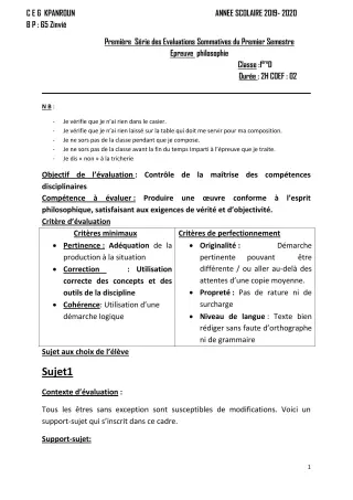 Première page de Philosophie 1ère D — 1re évaluation sommative, 1er semestre (2019-2020) · CEG Kpanroun