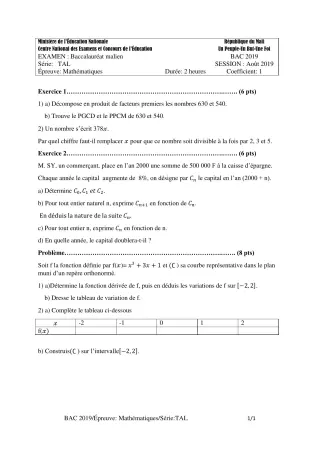 Première page de Épreuve BAC 2019 mathématiques série TAL Mali