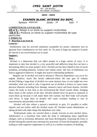 Première page de Devoir surveillé de ANGLAIS — 3e, Tle A2, Tle B, Tle D — CPEG SAINT Justin (2023)
