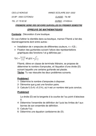 Première page de Mathématiques Tle A1, Tle A2, Tle B — 1er devoir surveillé, 1er semestre (2021-2022) · CEG LE NOKOUE