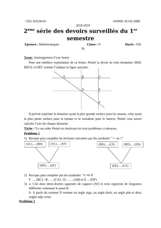 Première page de Mathématiques 6e, 5e, 4e, 4e ML, 3e, 3e ML, 2nde D, 1ère A, 1ère D — 2e devoir surveillé, 1er semestre (2018-2019) · CEG Zoukou