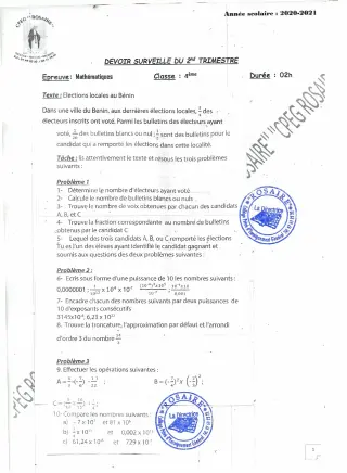 Première page de Mathématiques 4e — 1er devoir surveillé (2020-2021) · CPEG ROSAIRE