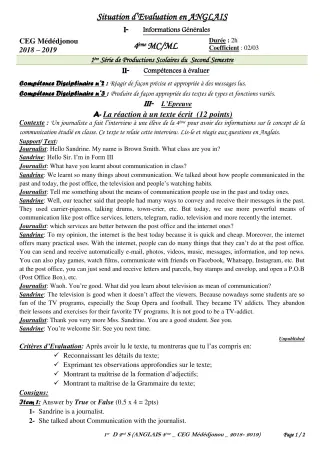Première page de Anglais 4e, 4e ML — 1re production scolaire, 2e semestre (2018-2019) · CEG Mèdédjonou