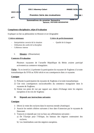 Première page de Histoire-Géographie 4e — 1re évaluation sommative, 1er semestre (2022-2023) · CEG2 ABOMEY - CALAVI (CEG ZOCA)