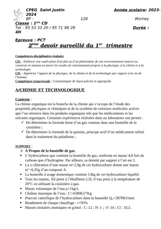 Première page de PCT 1ère D — 2e devoir surveillé, 1er trimestre (2023-2024) · CPEG SAINT Justin