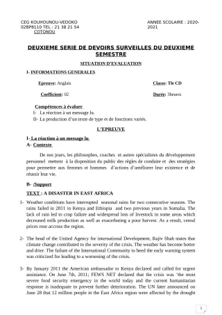 Première page de Anglais Tle C, Tle D — 2e devoir surveillé, 2e semestre (2020-2021) · CEG Kouhounou-Vêdoko