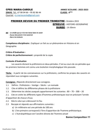 Première page de Histoire-Géographie 6e — Composition, 1er trimestre (2022-2023) · CPEG MARIA-CAROLE