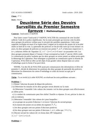 Première page de Mathématiques 1ère C — 2e devoir surveillé, 1er semestre (2019-2020) · CEG Agassa Godomey
