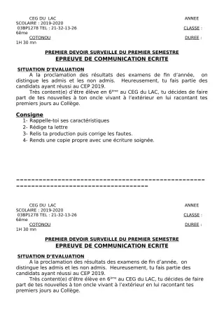 Première page de Français 6e — 1er devoir surveillé, 1er semestre (2019-2020) · CEG du Lac