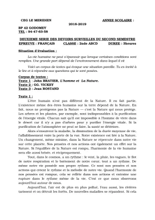 Première page de Français 2nde A & B, 2nde C, 2nde D — 2e devoir surveillé, 2e semestre (2018-2019) · CEG Le Méridien