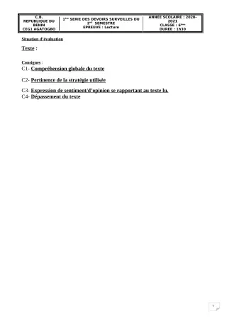 Première page de Français 6e — 1er devoir surveillé, 2e semestre (2020-2021) · CEG 1 Agatogbo