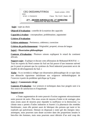 Première page de Philosophie Tle D — Devoir surveillé, 2e semestre (2018-2019) · CEG OKEDAMA