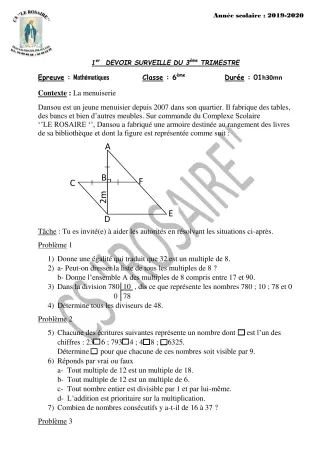 Première page de Mathématiques 6e — 1er devoir surveillé, 3e trimestre (2019-2020) · CPEG ROSAIRE