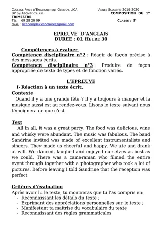 Première page de Anglais 5e — Composition, 1er trimestre (2019-2020) · CPEG LICA