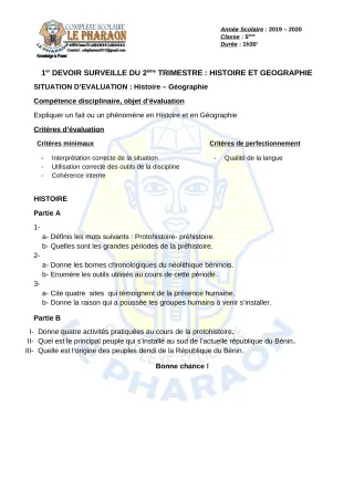 Première page de Histoire-Géographie 5e — 1er devoir surveillé, 2e trimestre (2019-2020) · CPEG LE PHARAON