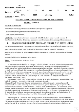 Première page de Espagnol 1ère A, 1ère A2, 1ère B — 2019-2020 · CEG Agassa Godomey
