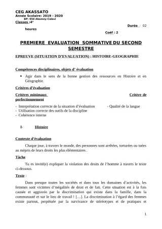 Première page de Histoire-Géographie 4e ML&MC — 1re évaluation sommative, 2e semestre (2019-2020) · CEG Akassato