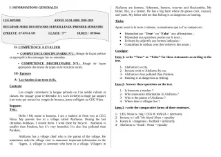 Première page de Anglais 5e — 2e devoir surveillé, 1er semestre (2018-2019) · CEG Kpébié