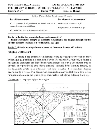 Première page de SVT 1ère D — 2e devoir surveillé, 1er semestre (2019-2020) · CEG Hubert C. MAGA
