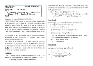Première page de Mathématiques Tle C — 2e devoir surveillé, 1er semestre (2020-2021) · CEG ZONGO