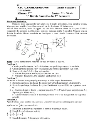 Première page de Mathématiques 6e, 5e, 4e, 4e ML, 3e, 3e ML, 2nde A, 2nde B, 2nde C, 2nde D, 1ère A1, 1ère A2, 1ère B, 1ère C, 1ère D, Tle A1, Tle A2, Tle B, Tle C, Tle D — Devoir surveillé, 2e semestre (2018-2019) ·