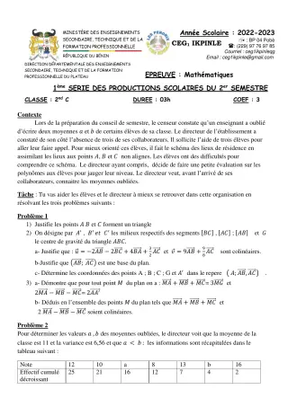 Première page de Mathématiques 2nde C — Production scolaire (2022-2023) · CEG1 Ikpinlè