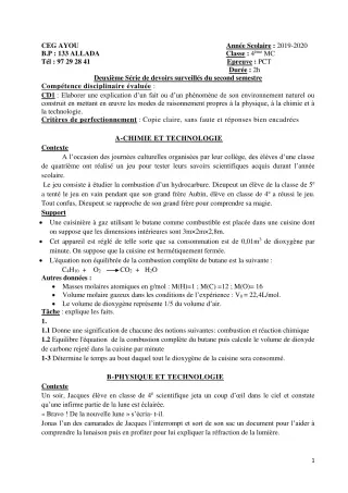 Première page de PCT 4e — 2e devoir surveillé, 2e semestre (2019-2020) · CEG AYOU