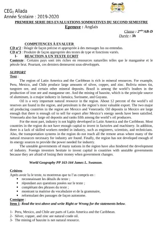 Première page de Anglais 2nde A & B, 2nde D — 1re évaluation sommative, 2e semestre (2019-2020) · CEG 2 Allada