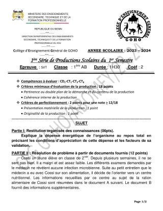 Première page de SVT 1ère A & B — 1re production scolaire, 1er semestre (2023-2024) · CEG GOHO