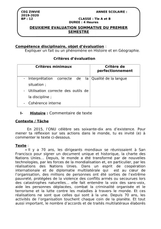 Première page de Histoire-Géographie Tle A1, Tle A2 — 2e évaluation sommative, 1er semestre (2019-2020) · CEG Zinvié