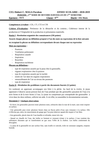 Première page de SVT 6e — Devoir surveillé, 2e semestre (2018-2019) · CEG Hubert C. MAGA