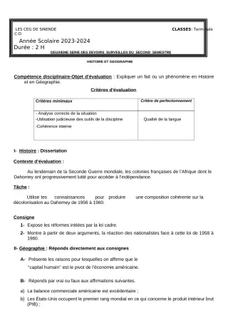 Première page de Histoire-Géographie Tle D — 2e devoir surveillé, 2e semestre (2023-2024) · CEG SEKERE