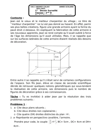 Première page de Mathématiques 2nde D — 1er devoir surveillé, 1er semestre (2022-2023) · CEG2 ABOMEY - CALAVI (CEG ZOCA)