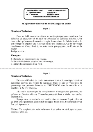 Première page de Français 3e, 3e ML — 1er devoir surveillé, 2e semestre (2018-2019) · CEG2 ABOMEY - CALAVI (CEG ZOCA)