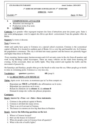 Première page de Anglais 5e — 1er devoir surveillé, 2e semestre (2018-2019) · CEG Banikanni