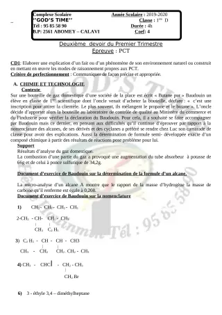 Première page de PCT 1ère D — 2e devoir surveillé, 1er trimestre (2019-2020) · CPEG GOD'S TIME