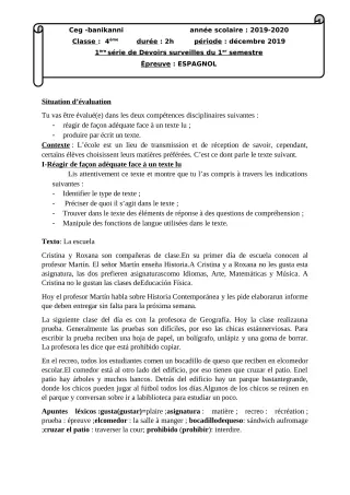 Première page de Espagnol 4e ML, 3e ML, 2nde A2, 2nde B, 1ère A2, 1ère B, Tle A1, Tle A2, Tle B — 1er devoir surveillé, 1er semestre (2019-2020) · CEG Banikanni