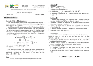 Première page de Mathématiques 1ère D — 2e devoir surveillé, 2e semestre (2021-2022) · CEG SEKERE