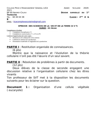 Première page de SVT 2nde A2, 2nde B — Devoir surveillé, 1er trimestre (2020-2021) · CPEG LICA