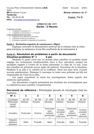 Première page de SVT Tle A2, Tle B, Tle C, Tle D — Devoir surveillé, 1er trimestre (2020-2021) · CPEG LICA