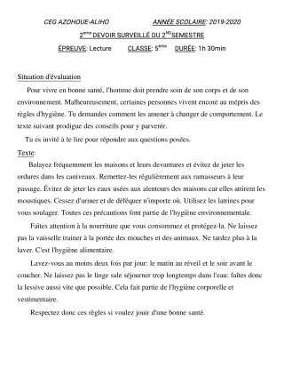 Première page de Français 6e, 5e — 2e devoir surveillé, 2e semestre (2019-2020) · CEG AZOHOUE-ALIHO